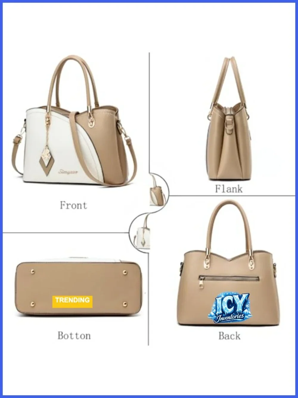 Ladies Faux Leather Satchel Tote Bag with Gold Tone Hardware, 6 Pockets,